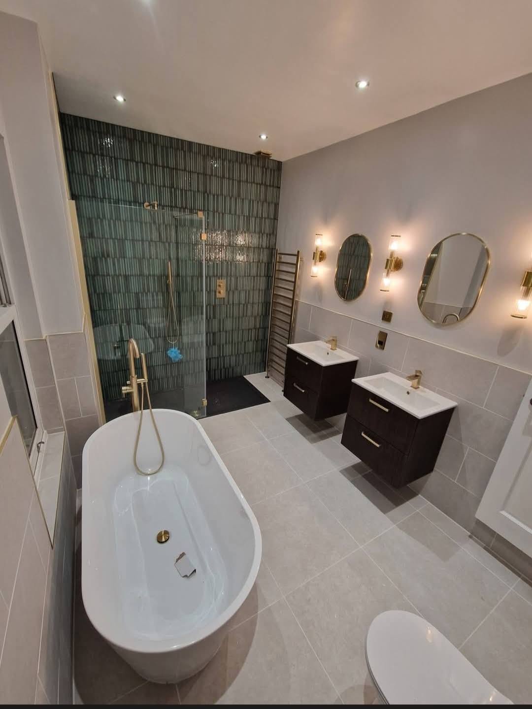 Downlights and wall lights wired in during a bathroom renovation, Ashburys Property Renovations, Stockport