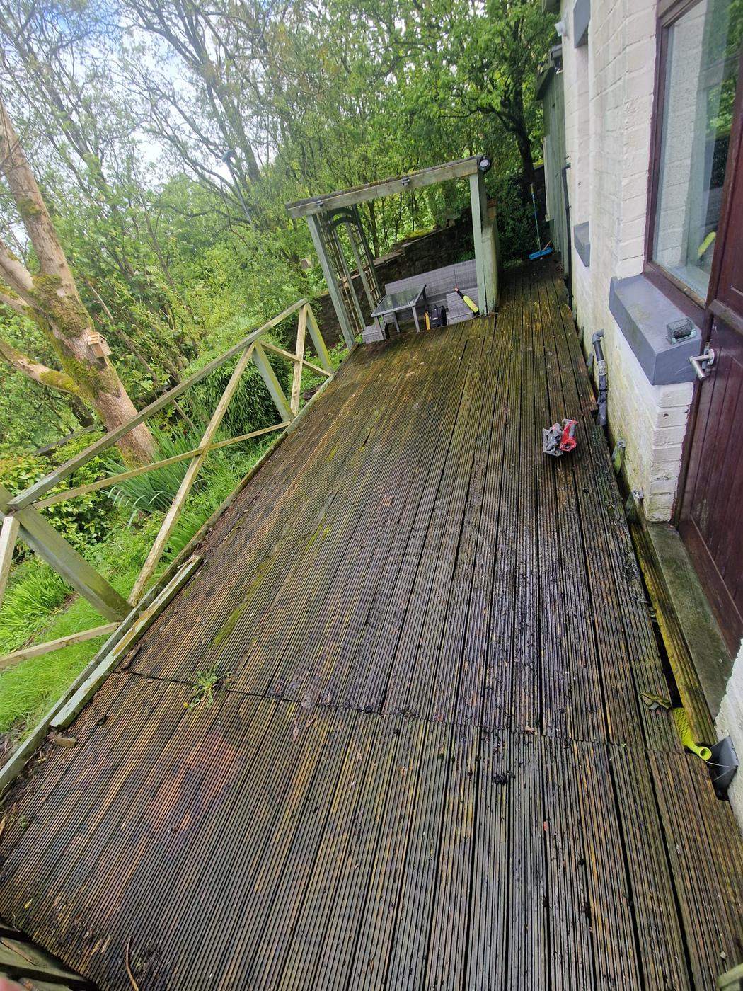 Before: the original timber deck, rotten and green, Ashburys Property Renovations, Stockport