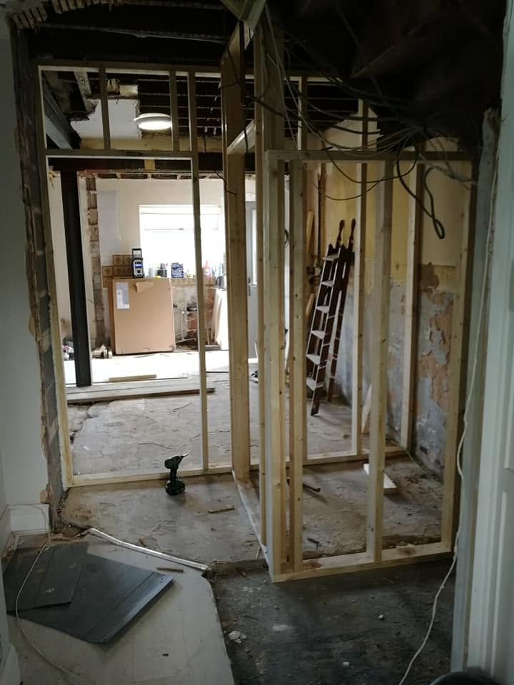 Steel in and new stud walls framed during a knock-through, Ashburys Property Renovations, Stockport